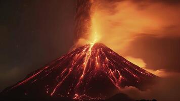 a noite céu é iluminado de a intenso laranja brilho do uma vulcânico erupção video