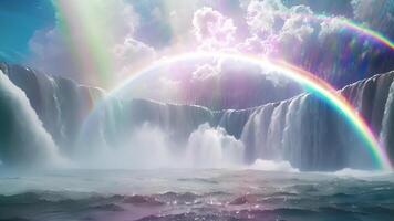 A vivid prismatic arch stretching over a gushing waterfall creating a captivating contrast between land and sky video