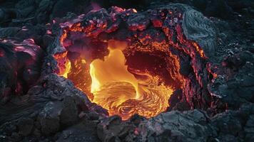 A glimpse inside the opening of a fumarole reveals a fiery red and orange glow at its core video