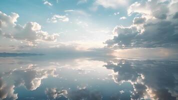 een rustig tafereel van zacht pastel wolken weerspiegeld Aan de enorm uitgestrektheid van salar de uyuni video