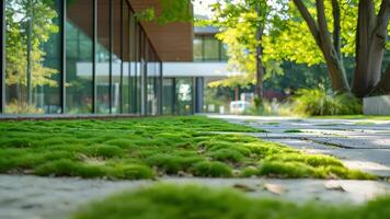 en skola campus fylld med grön utrymmen och naturlig element designad till främja en friska och stimulerande miljö för studenter hjärnor. video