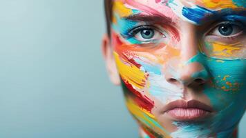 A portrait of a person with half of their face painted in colorful abstract strokes and the other half left blank representing the potential for a new or altered identity to emerge video