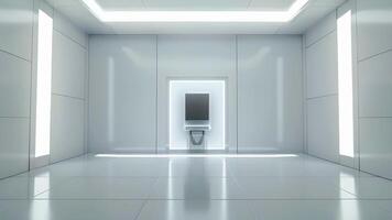 A blank white room with nothing but a small portable holographic display in the center. video