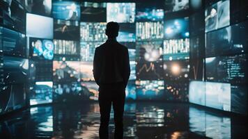 A man stands in front of a large screen filled with displays and text his body language indicating a seamless connection between himself and the digital world. video