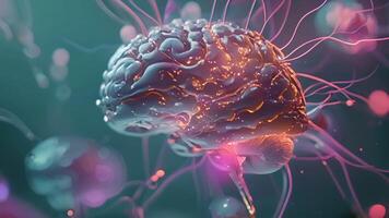 A holographic representation of a brain with highlighted areas showing the effects of a neurological health implant on different regions. video