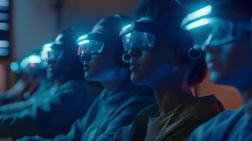 A group of academically motivated students sitting in a classroom all with identical glowing headsets and focused expressions suggesting the widespread use of genetic engineering for video