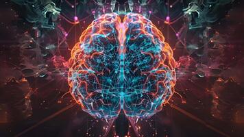 A geometricallyinspired image of a brain with intricate shapes and lines symbolizing the complex network of connections between active regions during problem solving. video