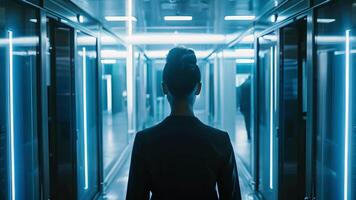 An employee entering a secure room filled with hightech machinery suggesting the use of biometric neural security systems in a workplace setting. video