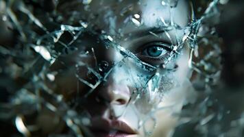 A shattered mirror with a reflection of a persons face each piece of glass representing a different aspect of personal identity some broken and distorted due to neural changes. video