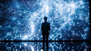 A person standing in front of a large screen that displays their unique neural data pattern showcasing the personalized and secure nature of biometric neural security systems. video
