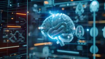 A holographic display showing a dogs brain activity while being translated into human language through a neural communication device. video