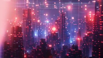 A digital landscape with towering buildings made of nodes and a vibrant city skyline showcasing the potential of quantum neural networks in building smarter and more efficient cities. video