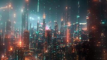 A futuristic cityscape with skysers adorned with colorful flashing brainwave technology. video