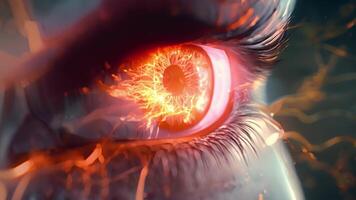 A closeup of a persons eye with glowing energy flowing directly into the neural pathways within. video