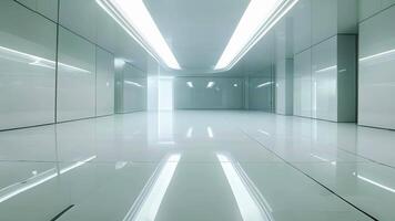 il pavimento di il camera è fatto di un' liscio riflessivo Materiale dando via un' futuristico e sterile aspetto esteriore. video