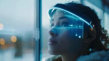 un mujer vistiendo un pulcro inalámbrico dispositivo en su cabeza mirando enfocado como ella va acerca de su diario ocupaciones sin saberlo transmitiendo datos para remoto neural supervisión. video
