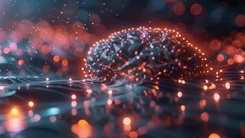 ett abstrakt illustration av en mänsklig hjärna med lysande kvant datoranvändning kretsar förlängning från dess neuroner. video