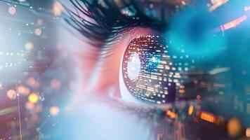 ein Nahansicht von ein Mensch Auge mit Digital Daten und Quantum Symbole überlagert abbilden das Überschneidung von Technologie und Erkenntnis. video