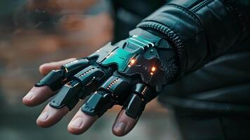 An image of a hand wearing a smart glove which can send signals directly from the wearers muscles to a computer or artificial limb allowing for effortless and natural movements. video