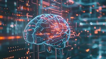 en närbild av en mänsklig hjärna med rader av koda och data visas till virvla runt runt om den skildrar de fusion av teknologi och medicin i diagnos neurologisk sjukdomar. video