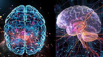 uma montagem do antes e depois imagens do uma pessoas cérebro com a antes imagem mostrando uma sp e desorganizado rede do neurônios e a depois de imagem representando uma denso e altamente organizado video