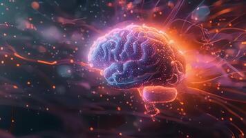 An artistic representation of a brain during physical activity with motion lines and bright areas indicating regions involved in movement and coordination. video