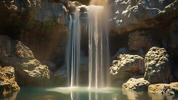 uma tranquilo cascata em cascata sobre pedras com uma escondido caverna atrás isto Onde participantes pode se empenhar dentro profundo reflexão e mental exercícios. video