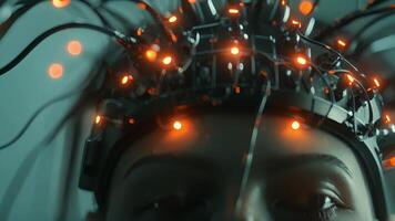 A futuristiclooking device with electrodes attached to a persons scalp claiming to use transcranial direct current stimulation to enhance cognitive function and promote states of video