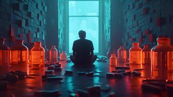 A person sitting alone in a dark room surrounded by empty pill bottles portraying the potential negative effects and addiction that can come with neuroenhancement. video