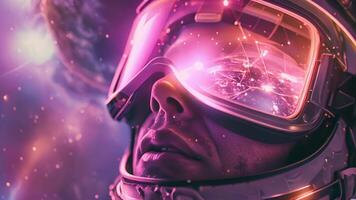 A virtual reality headset covering the eyes of an astronaut as they visualize their journey through the galaxy guided by programmed neural pathways. video