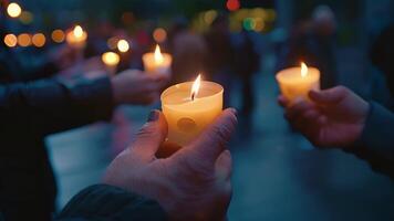 A peaceful demonstration outside a government building with a group of cyborgs and their supporters holding candles to honor those who have faced discrimination and perseion. video