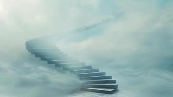 A staircase spirals upwards disappearing into a misty cloud of uncertainty video