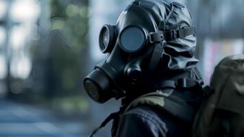 A gas mask built into a modular backpack for protection against chemical attacks. video