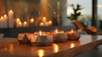 The fusion of geometric shapes and warm candlelight creates an eyecatching and visually appealing display on the contemporary console table. video