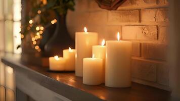 Decorative candles line the mantel casting flickering shadows and adding an extra layer of ambiance to the space. video