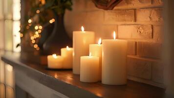 Decorative candles line the mantel casting flickering shadows and adding an extra layer of ambiance to the space. video