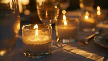 The candles stand tall in their holders casting long shadows across the table and adding depth to the setting. video