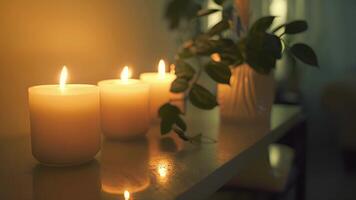 Peaceful instrumental music plays softly in the background adding to the serene atmosphere of the candlelit studio. video