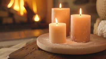 The scent of burning wood fills the air mingling with the sweet aroma of vanilla candles. video