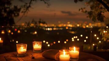 The le of city lights danced in the distance as the fire from the candles created a warm and inviting atmosphere. video