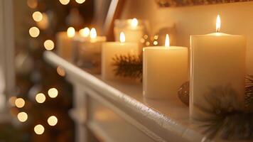 Decorative candles line the mantel casting flickering shadows and adding an extra layer of ambiance to the space. video