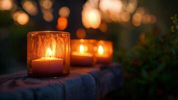 The warm orange glow of the candles contrasting against the cool darkness of the outdoor setting. video
