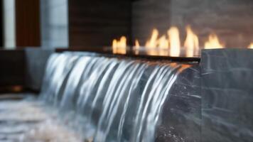 The cascading waterfall creates a mesmerizing display perfectly complementing the modern lines of the fireplace. video