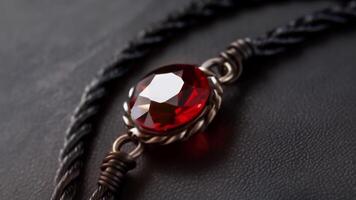 A dark twisted bolo tie with a large red gemstone in the center 2d flat cartoon video