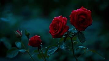 sangue vermelho rosas flor dentro a jardim seus pétalas criando uma rígido contraste contra a de outra forma Sombrio e sombrio atmosfera. 2d plano desenho animado video