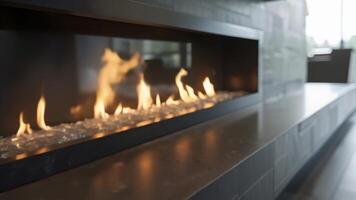The clean lines of the fireplace and suspended hearth create a sophisticated contemporary feel. video