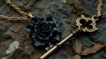 A mourning necklace featuring a large vintage key symbolizing the unlocking of the gates to the afterlife and a small black rose with thorns to represent the pain of 2d flat cartoon video