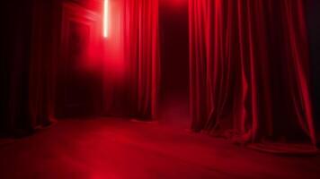 The room is filled with deep red velvet ds casting an eerie glow as they sway in the gentle breeze. 2d flat cartoon video
