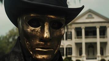 A mysterious stranger with a bronze mask covering their face approaches the grand entrance of the plantation house their presence shrouded in mystique. 2d flat cartoon video