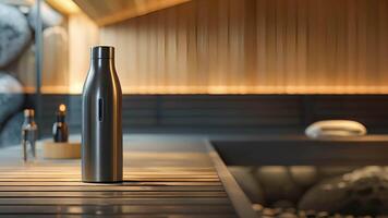 A sleek and modern steel water bottle perfect for staying hydrated during a sauna session. video